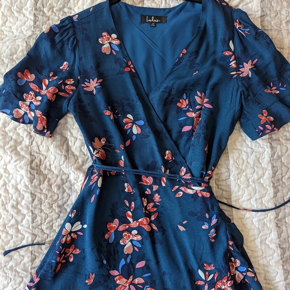 Teal Blue Floral Print Ruffled Wrap Dress, Size Small - Picture 7 of 7
